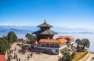 Bhaleshwor Mahadev Temple with Himalaya range in the backdrop in Kathmandu, Nepal