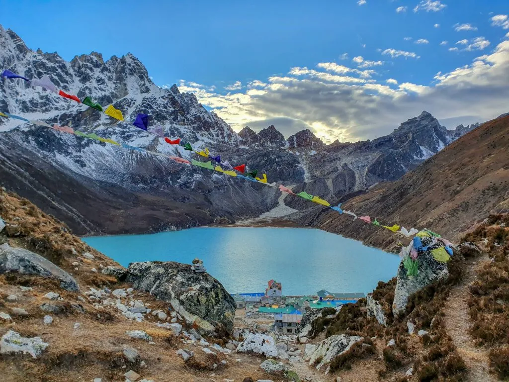 Everest base camp trek itinerary: Gokyo village, Solokhumbu, Nepal. Picturesque view on famous Dudh Pokhari or Gokyo lake with marvellous turquoise water.