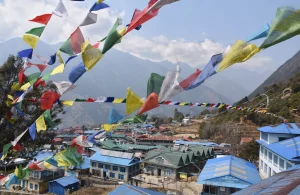 Praying flags above the village of Lukla, Nepal
