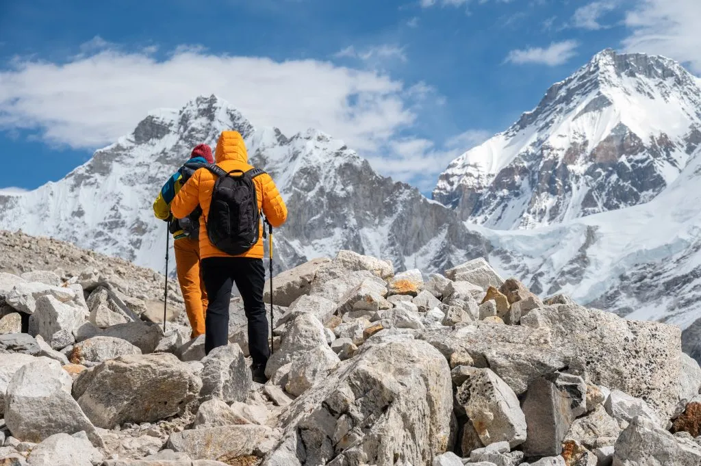 Rear view of tourist while trekking to Everest Base Camp in Nepal.