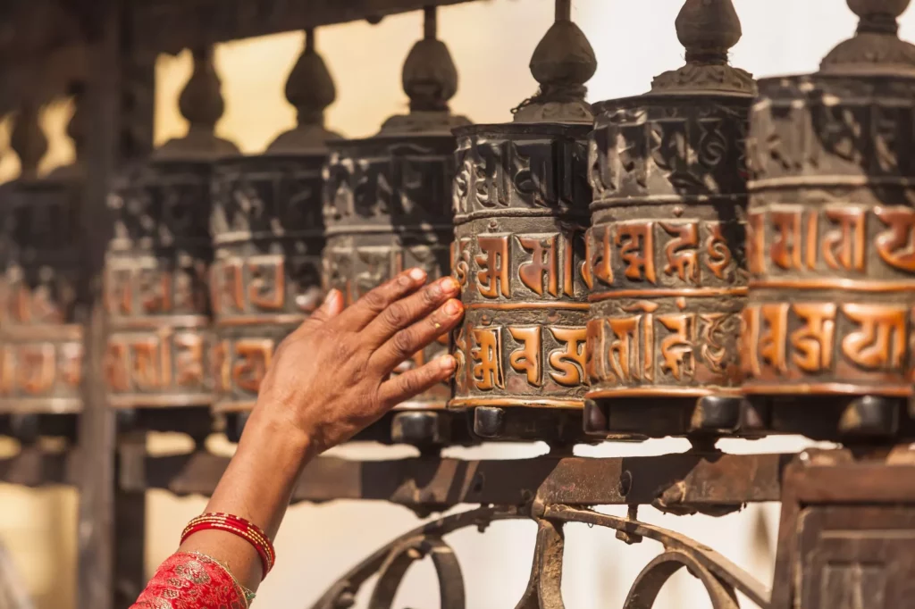 Tibetan prayer wheels or prayer's rolls of the faithful Buddhist