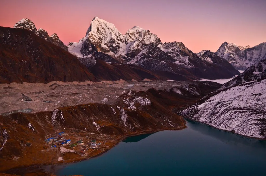 Twilight on Gokyo Valley, village  